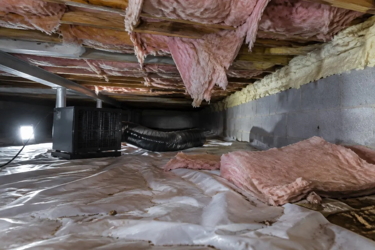 Illustration: sagging batts and spray foam in a crawl space, not a reference image
