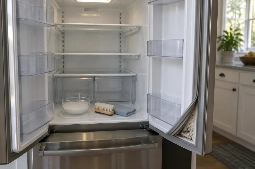Illustration: an emptied refrigerator with its door gasket pulled back to show dark speckled growth in the fold.