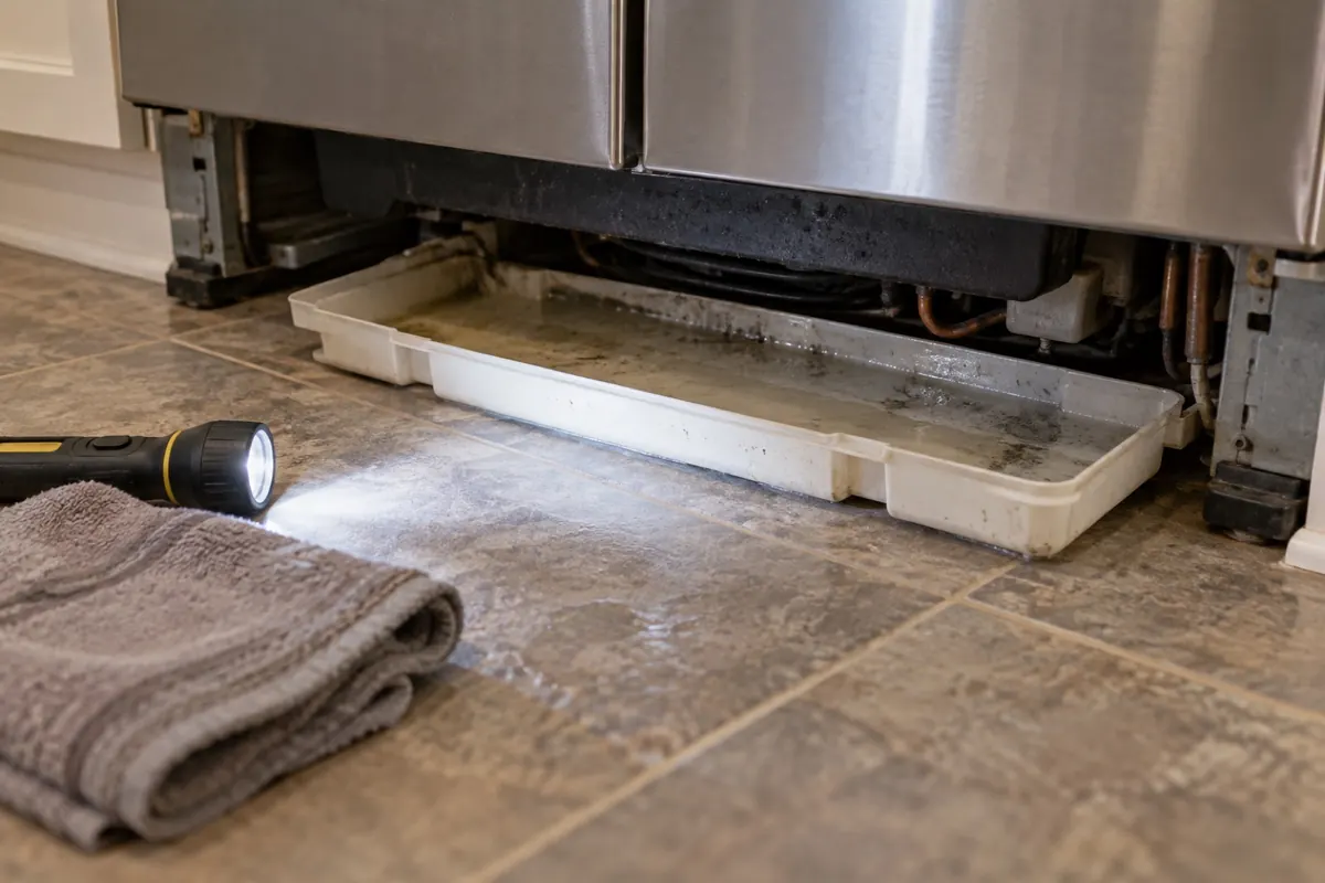 Illustration: a refrigerator drain pan slid out from under the unit with grey residue and standing water.