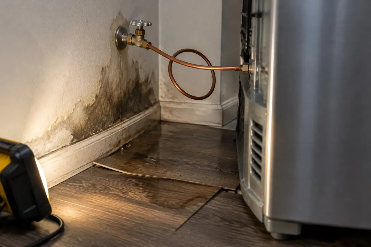 Illustration: the space behind a pulled-out refrigerator with a copper water line, a stained wall base and a lifted floor seam.