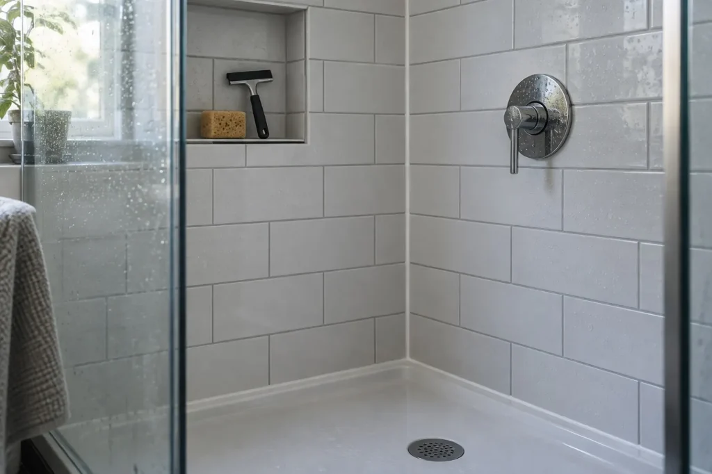 Illustration: a tiled shower corner with grout lines and a silicone bead, not a reference image of mold