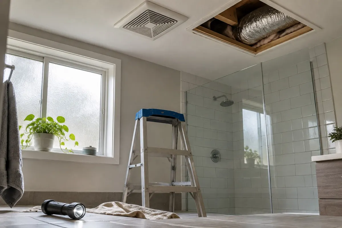 Illustration: a bathroom exhaust fan grille and duct above a shower
