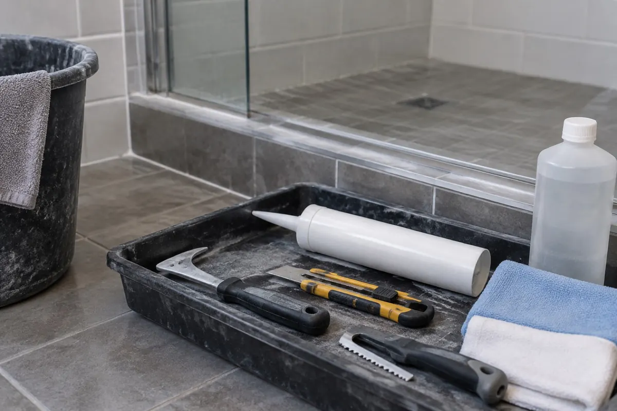 Illustration: tools for cutting out and replacing shower caulk and grout laid out on a bathroom floor