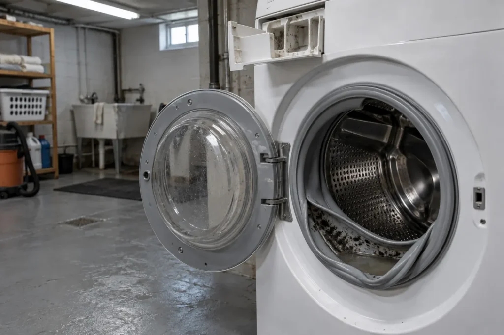 Illustration: an open front-load washer with its rubber door seal folded back to show dark speckled growth and trapped water.