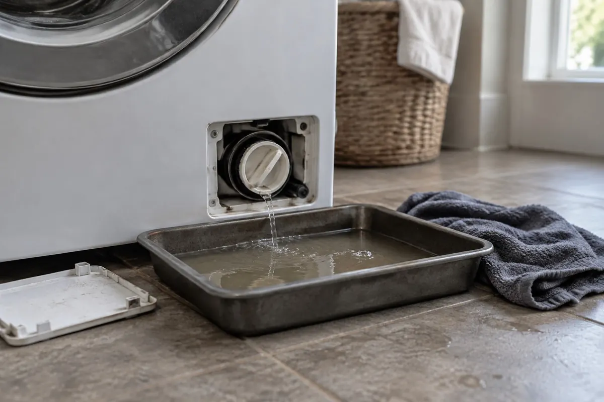 Illustration: the drain pump filter access at the bottom front of a front-load washer with a shallow pan catching water.