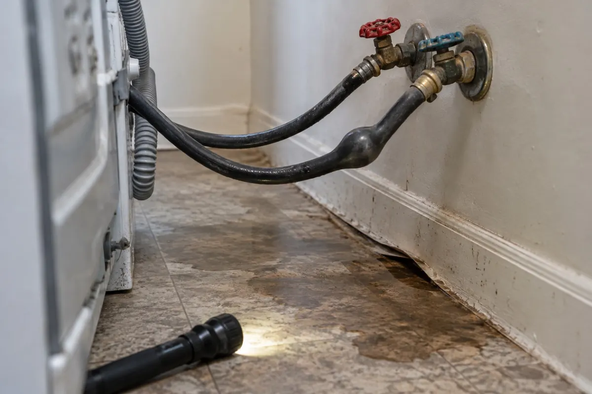Illustration: rubber washer supply hoses with a blistered bulge and a water stain on the floor behind the machine.