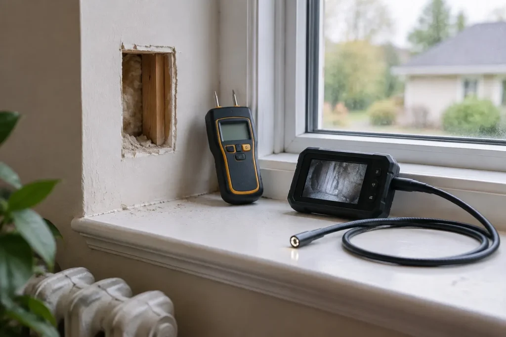 Illustration: a moisture meter and borescope beside an inspection opening cut in drywall.