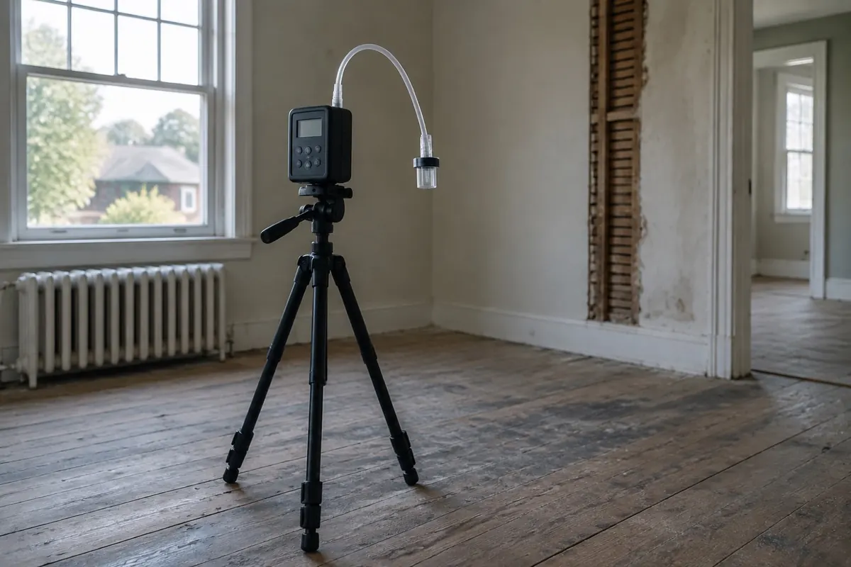 Illustration: an air sampling pump on a tripod with a spore trap cassette in an empty room.