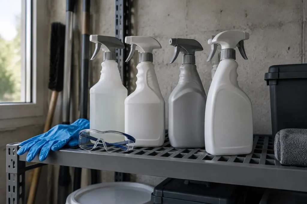 Illustration: unbranded spray bottles, gloves and safety glasses on a utility shelf