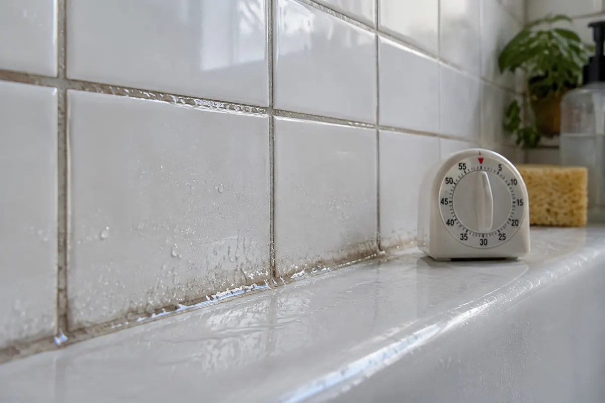Illustration: freshly wetted tile and grout with a timer on the tub ledge, standing in for label contact time
