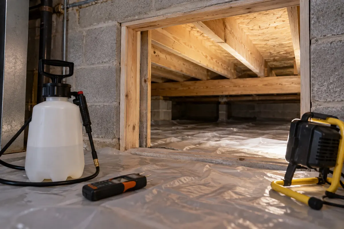 Illustration: dry floor joists with a pump sprayer and moisture meter staged in front