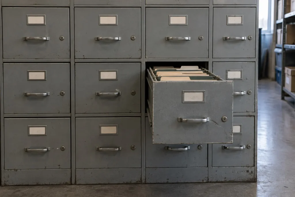 Illustration: a wall of numbered filing drawers with one pulled slightly open.