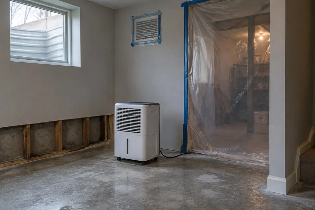 Illustration: a basement isolated with plastic sheeting and a dehumidifier running, the interim mitigation stage