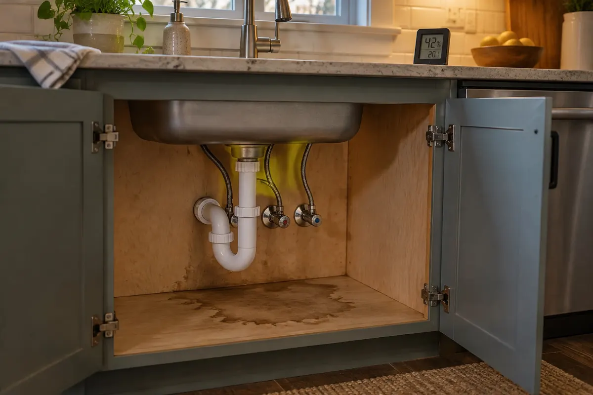 Illustration: a repaired leak under a sink with a humidity gauge, the moisture control part of mold mitigation