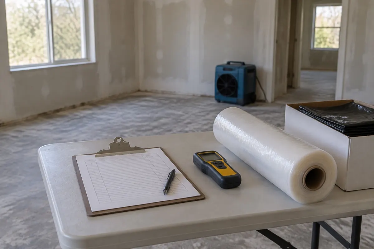 Illustration: documentation, meter and containment supplies laid out for a mold job