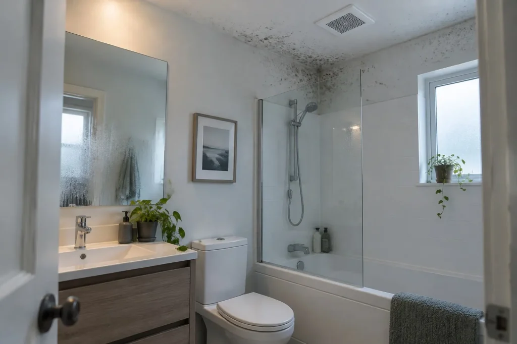 Illustration: a bathroom ceiling above a tub with dark speckling in the corner over the shower, not a reference image of mold