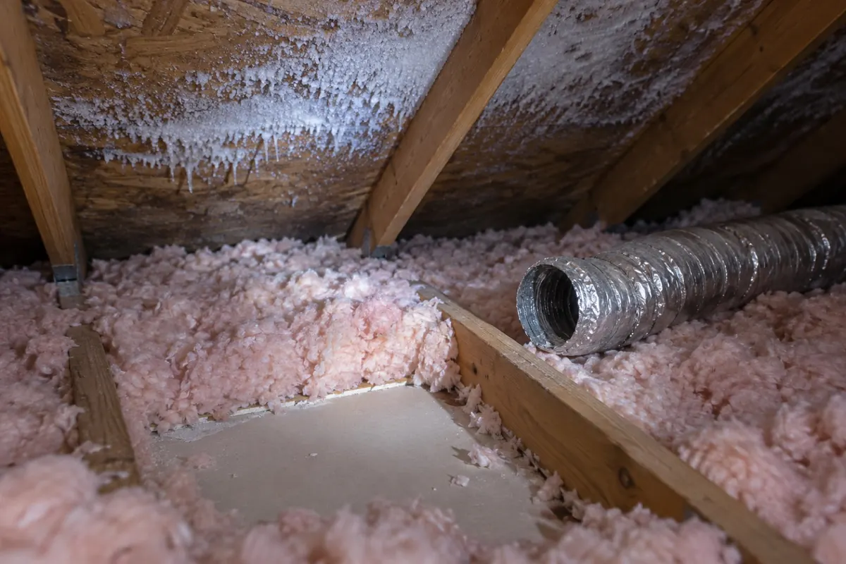 Illustration: an attic over a bathroom with a gap in the insulation and a loose exhaust duct that stops short of the roof