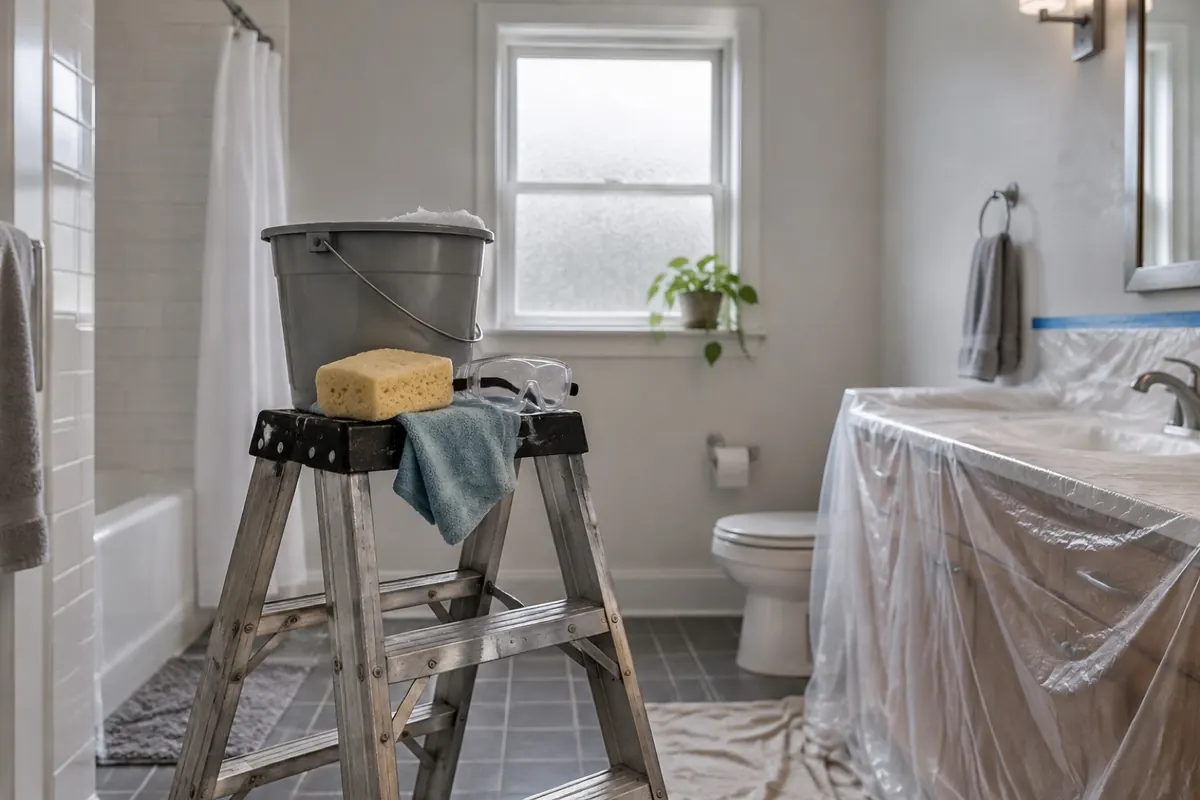 Illustration: a step ladder, bucket, sponge and goggles set up to wash a painted bathroom ceiling