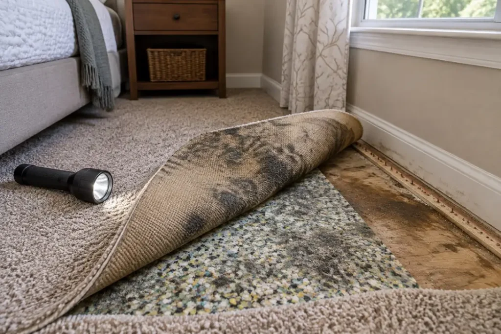 Illustration: carpet peeled back in a room corner showing dark growth on the backing and the foam pad, with a damp subfloor beneath.