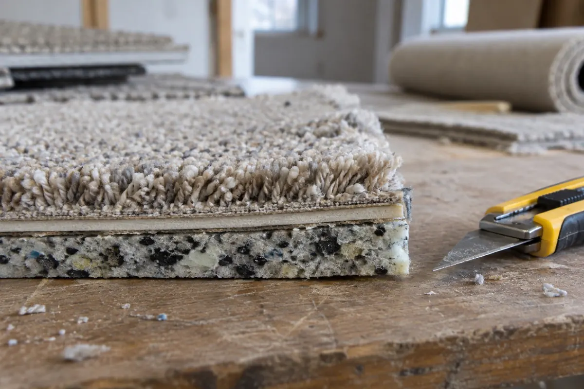 Illustration: a cut carpet sample showing face yarn, backing layers and a foam pad with dark patches on its underside.