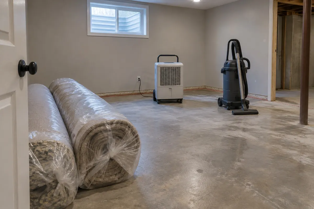 Illustration: carpet and pad rolled and wrapped in plastic for disposal in a cleared basement room with a dehumidifier.