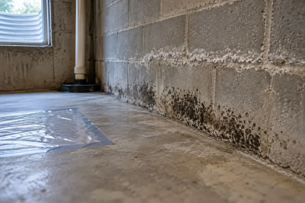 Illustration: a basement corner with dark growth on a dusty concrete wall base, white crystals on the block above and a taped plastic sheet on the floor.
