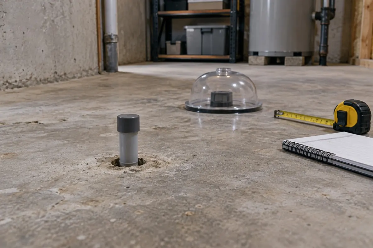 Illustration: an in situ humidity probe sleeve and a calcium chloride dome kit set out on a bare concrete slab.