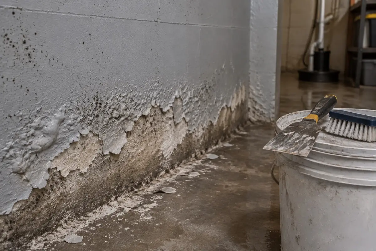 Illustration: blistering paint and dark spotting on a painted concrete wall, with a scraper and a stiff brush on a bucket.