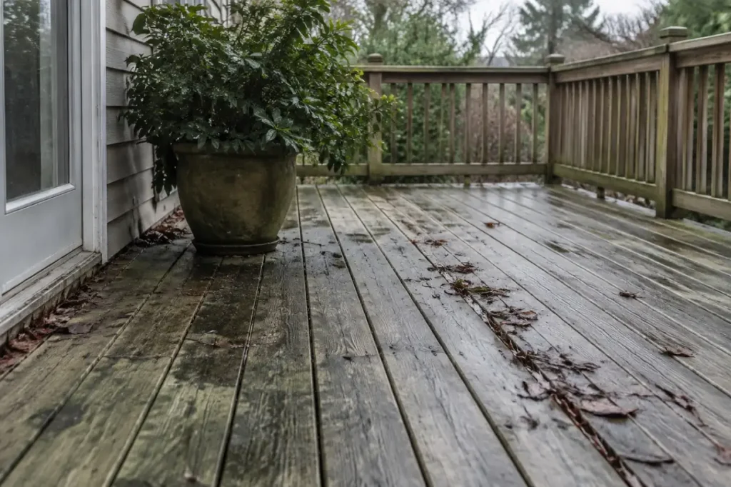 Illustration: a gray wood deck with dark blotches of mildew in the shade of a planter and along leaf clogged board gaps.