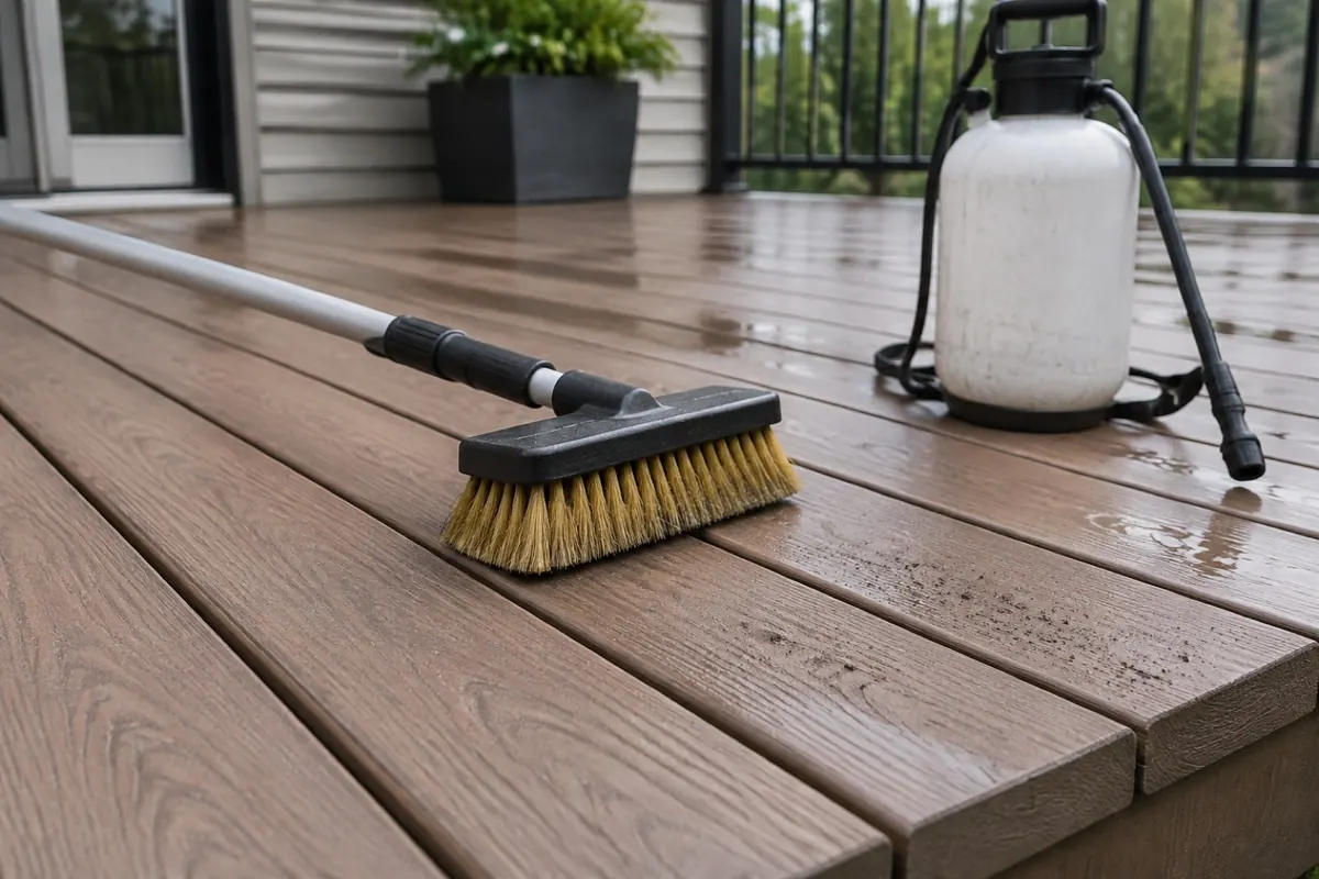 Illustration: composite deck boards with small black speckles near a cut end, a nylon deck brush and a pump sprayer.