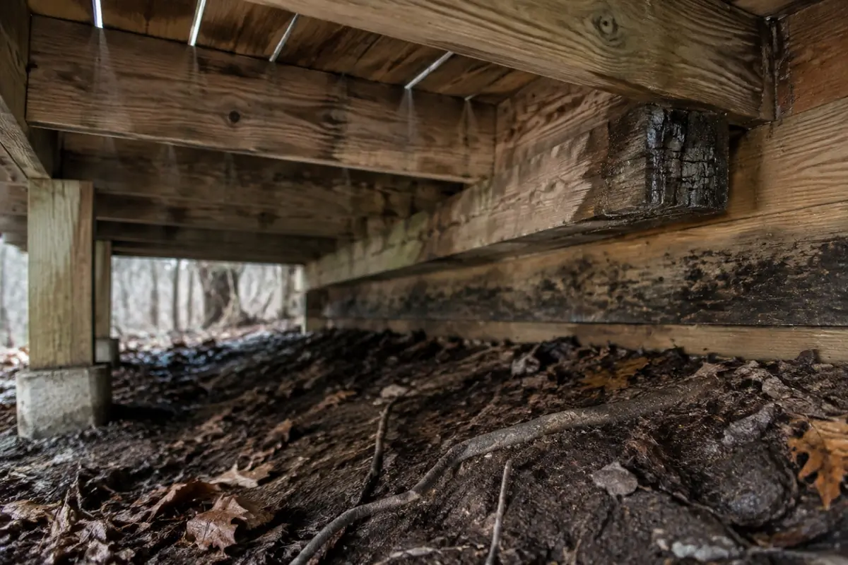 Illustration: the underside of a low wood deck with a darkened, checked joist end and damp leaves on the soil below.