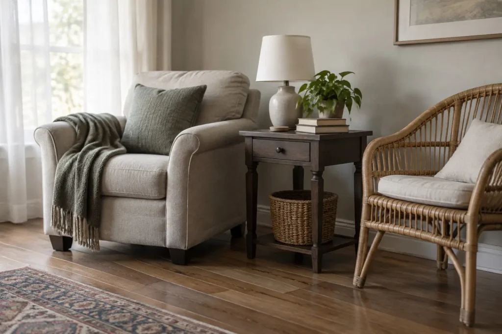 Illustration: an upholstered armchair, a wooden side table and a rattan chair grouped in a living room, not a reference image of mold