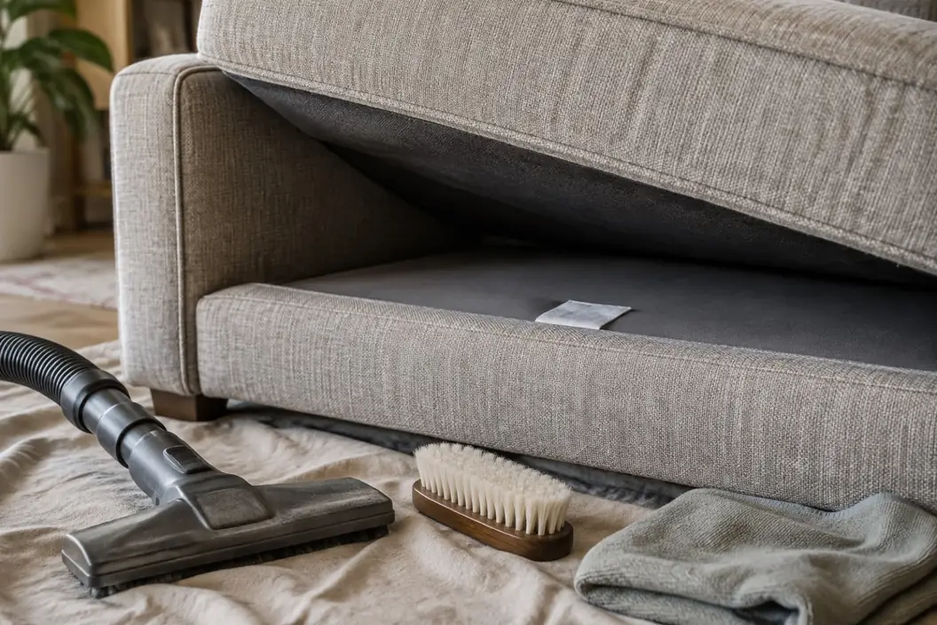 Illustration: a sofa cushion lifted to expose the care tag on the deck, with a brush and vacuum nozzle