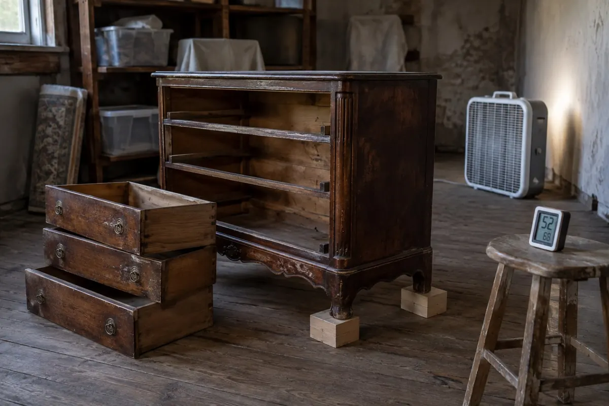 Illustration: an antique chest raised on blocks with drawers removed and a hygrometer nearby during slow drying