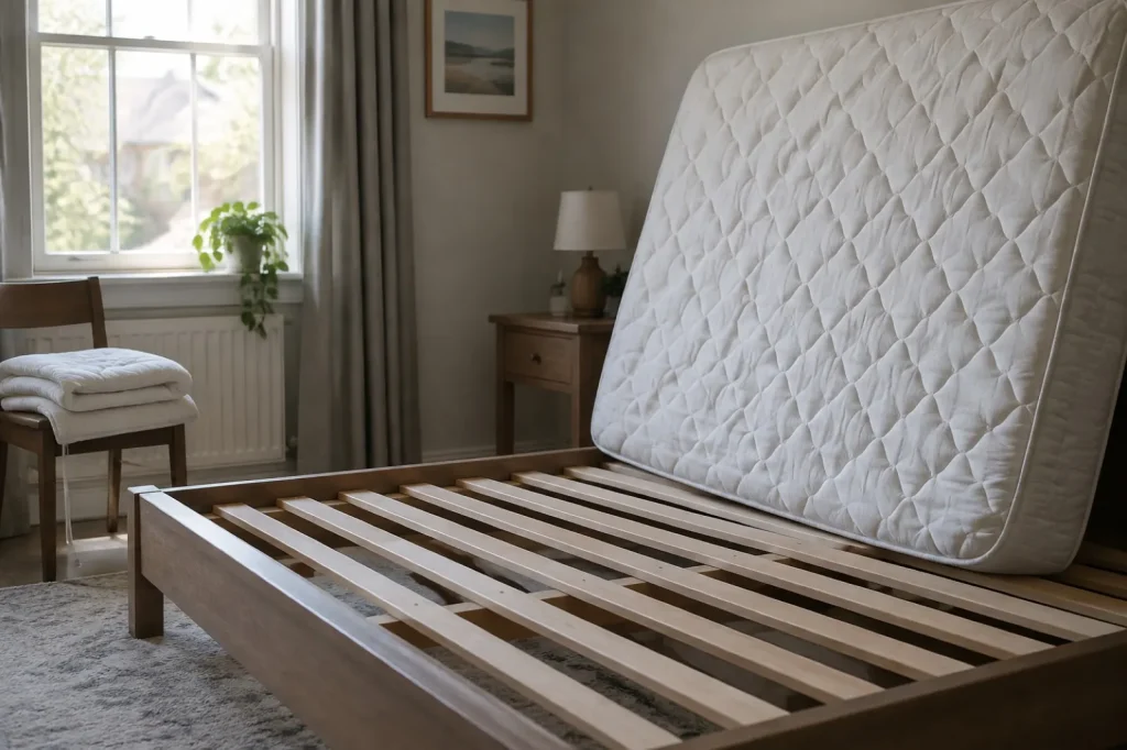 Illustration: a mattress lifted off a slatted bed base in a bedroom, not a reference image of mold
