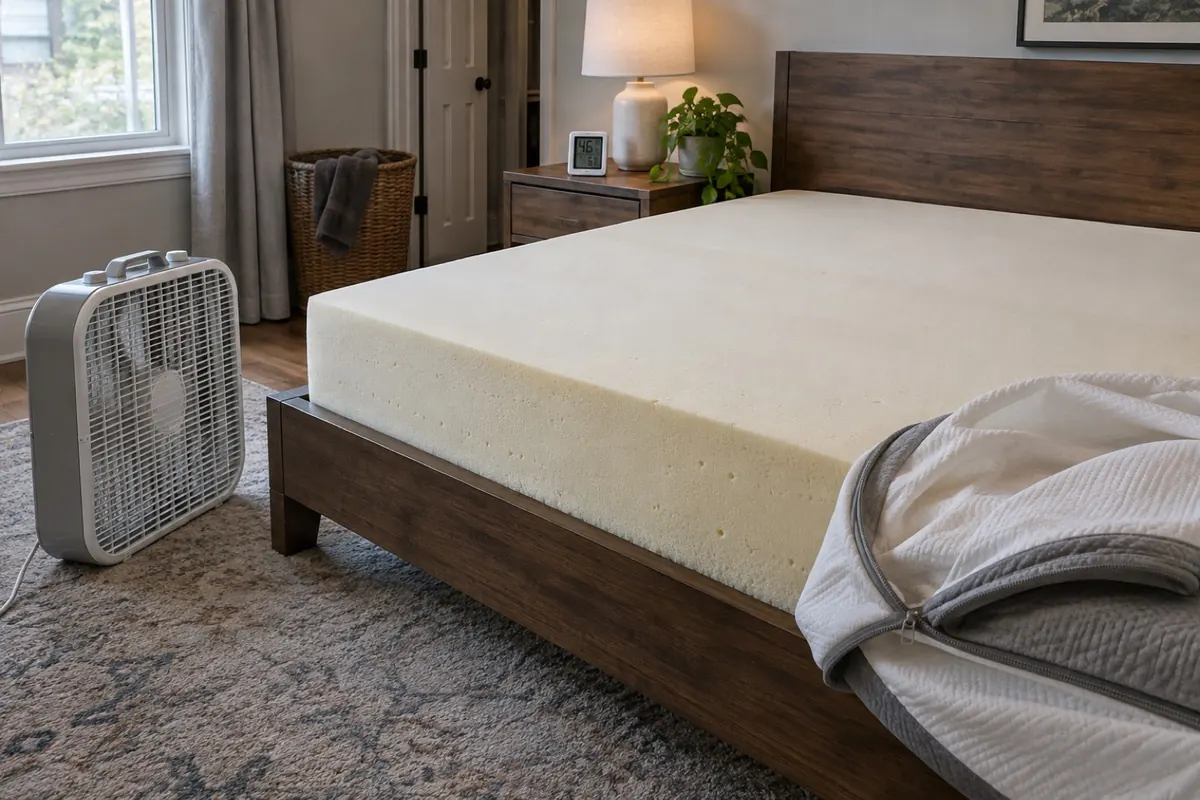 Illustration: a foam mattress drying with its cover off, a fan and a hygrometer beside the bed