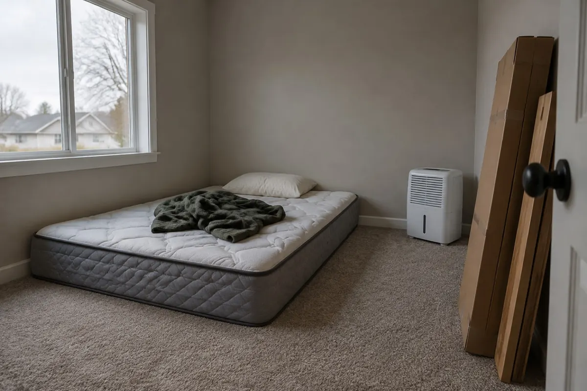 Illustration: a mattress on the floor in a bedroom corner with a dehumidifier and an unassembled bed frame