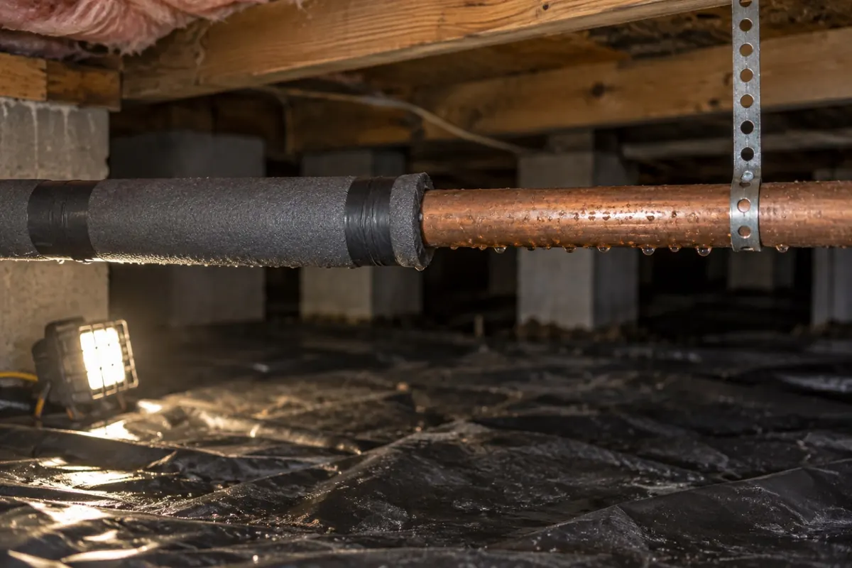 Illustration: a cold pipe partly insulated with closed-cell foam beside a bare beaded section, standing in for insulation that stops sweating