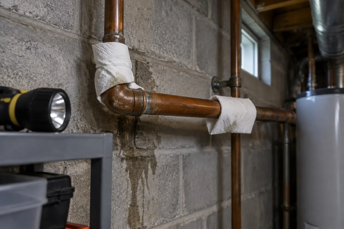 Illustration: paper towels wrapped on a pipe joint and a straight run, standing in for the leak or condensation towel test