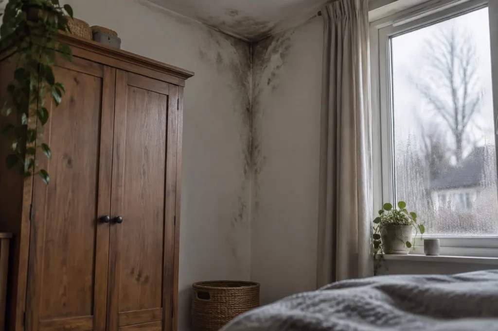 Illustration: a bedroom corner on an exterior wall with a wardrobe pulled away, not a reference image of mold