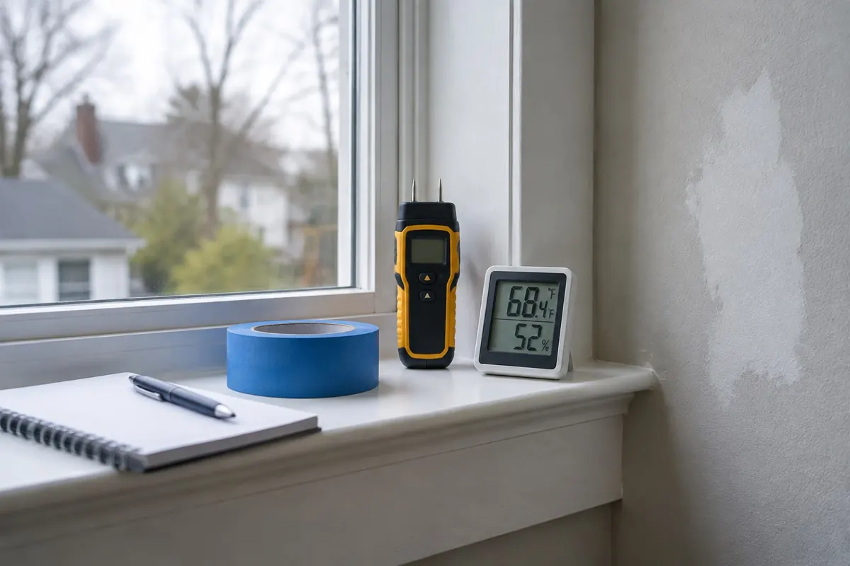 Illustration: a moisture meter and a hygrometer on a windowsill beside a painted wall