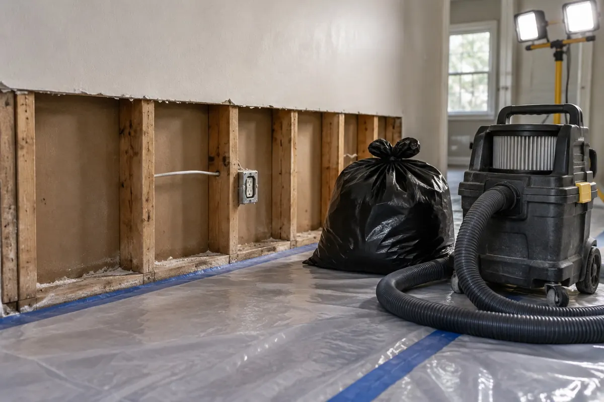 Illustration: an opened wall cavity with plastic sheeting and a HEPA vacuum during a drywall cut-out