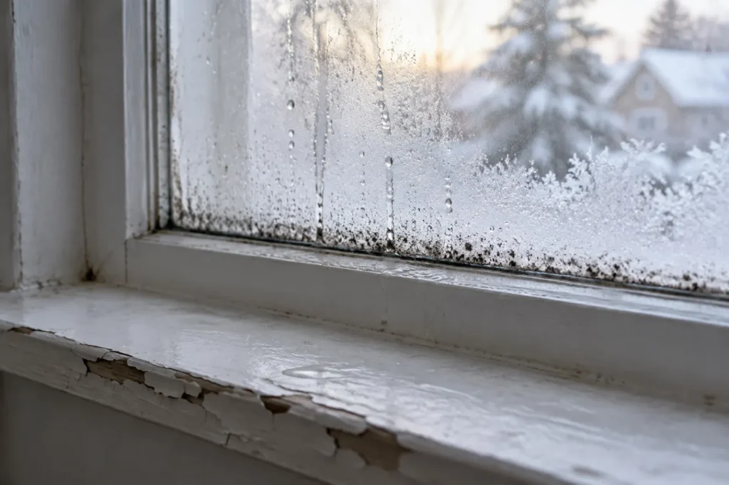 Illustration: condensation running off window glass onto a painted sill with dark spotting at the glass edge, not a reference image of mold