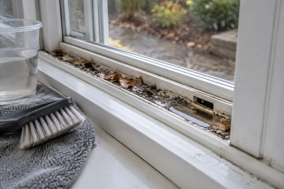Illustration: a vinyl slider sill track with debris and a weep slot, with a brush and cup of water for testing drainage