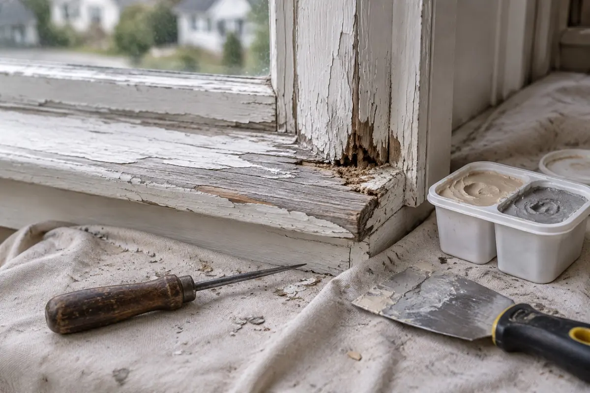 Illustration: a weathered wood sill with a decayed corner, an ice pick and epoxy filler laid out for repair