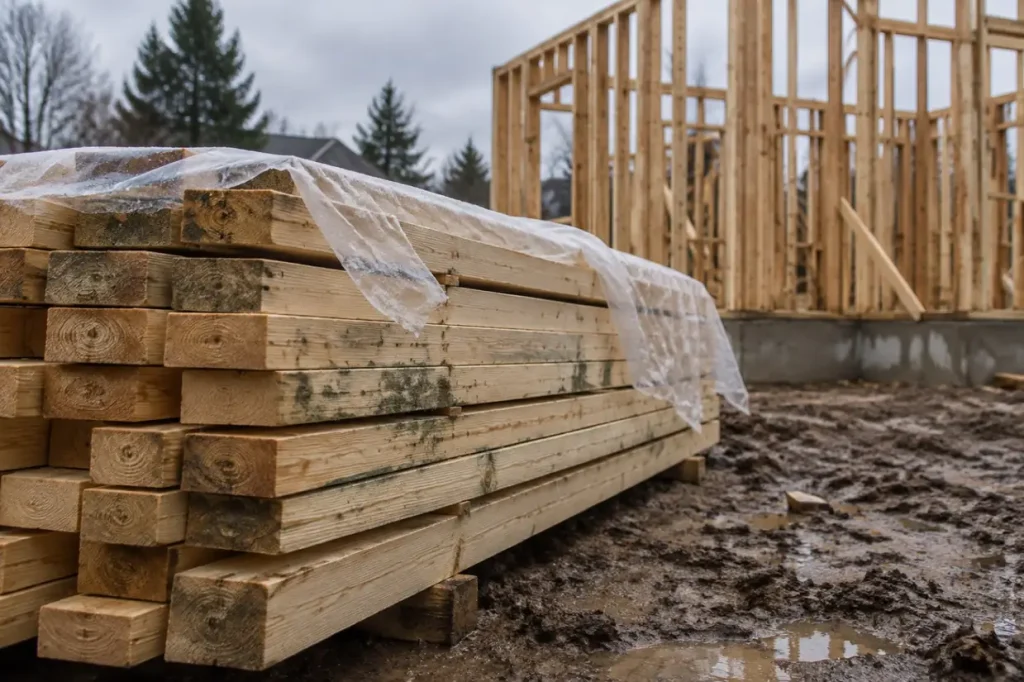 Illustration: wet framing lumber stacked on a job site with patches of surface mold and grey streaks in the sapwood.