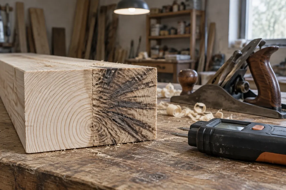 Illustration: the end grain of a pine board with dark wedge shaped stain streaks, next to a hand plane and a moisture meter.