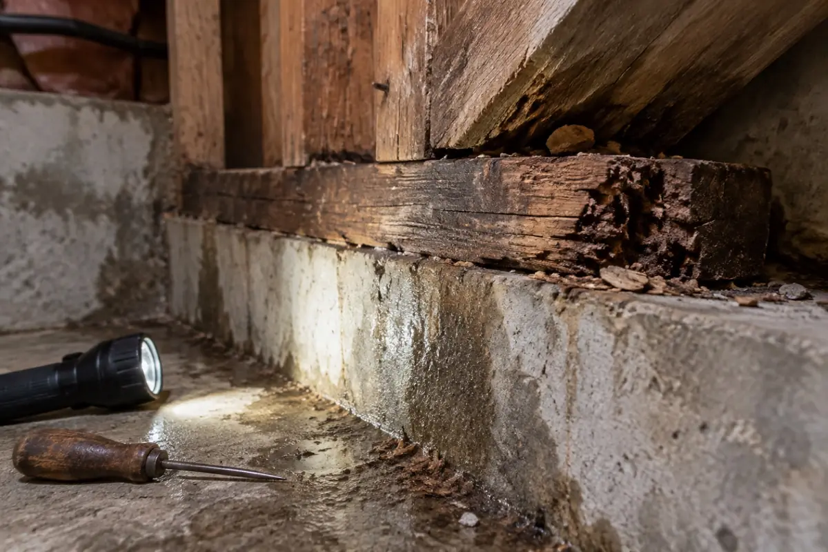 Illustration: a decayed sill plate and joist end cracked into cubes on a damp foundation, with an awl and a flashlight.