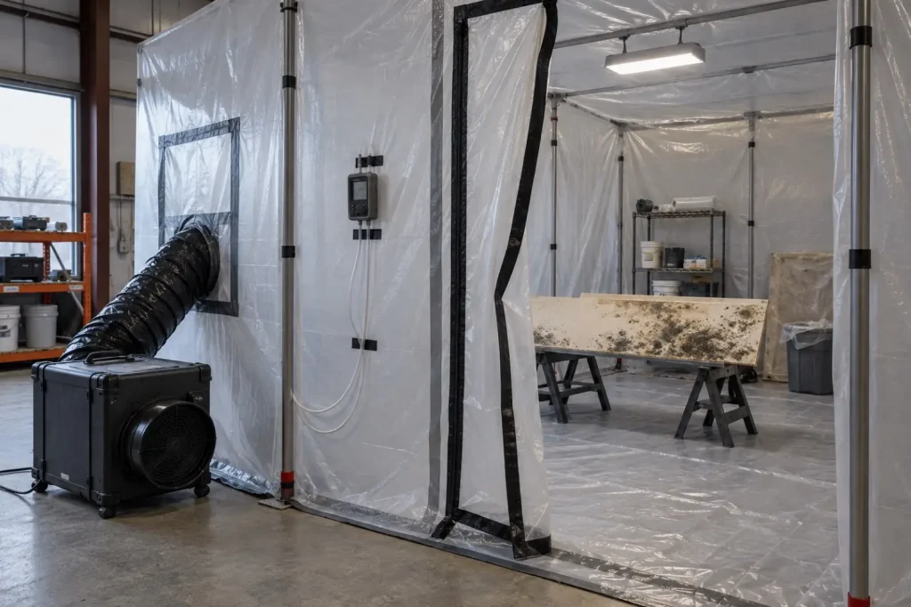 Illustration: a mock mold containment set up in a training bay with poly walls, a zip door and a negative air machine.