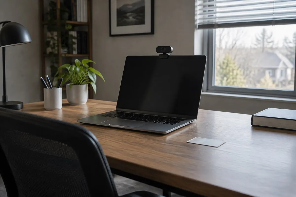 Illustration: a cleared desk with a laptop and webcam set up for an online proctored certification exam.
